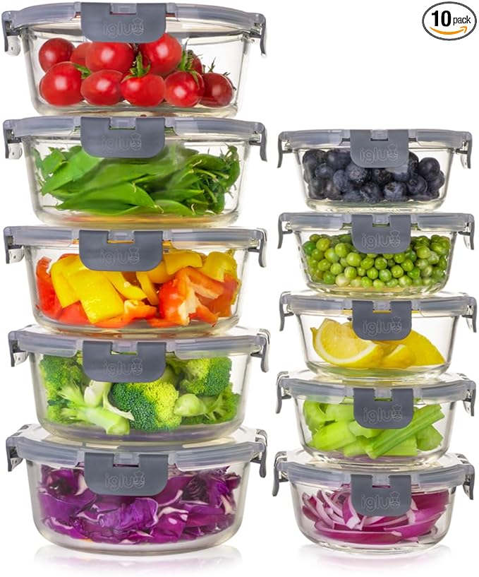 Igluu Meal Prep Round Glass Containers with Lids (10 Pack) – Airtight & BPA-Free – Oven, Microwave, Freezer & Dishwasher Safe – 13.5oz/32oz – Durable Borosilicate Glass