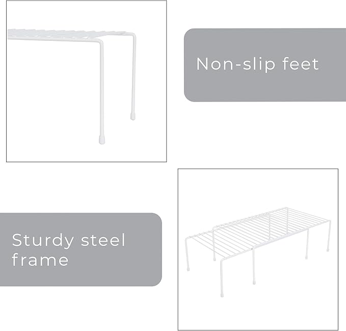 Smart Design Kitchen Storage Expandable Shelf Rack w/ Scratch Resistant Feet - Steel - Rust Resistant Finish - for Cups, Dishes, Cabinet & Pantry Organization - Kitchen (16 x 32.5) [White]