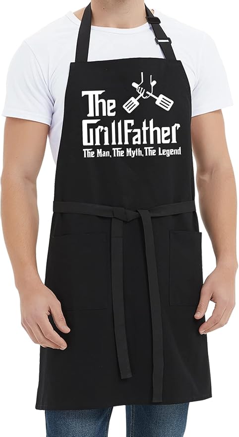 Kaidouma Funny Grill Aprons for Men - The Grillfather - Men’s Funny Chef Cooking Grilling BBQ Apron with 2 Pockets - Birthday Father's Day Christmas Gifts for Dad, Step Dad, Father in Law, Husband