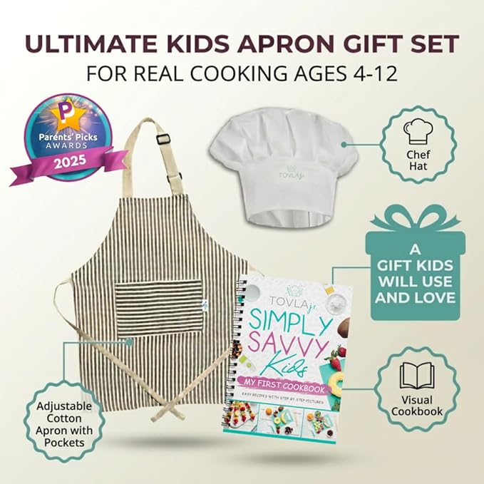 TOVLA JR. Apron Gift Set for Kids with Pocket for Boys and Girls, Comfortable Cotton Canvas for Baking and cooking
