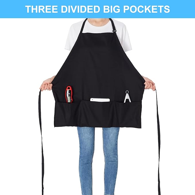 Jubatus 2 Pack 3 Pockets 100% Cotton Adjustable Bib Apron Chef Kitchen Cooking Aprons for Women Men, Black