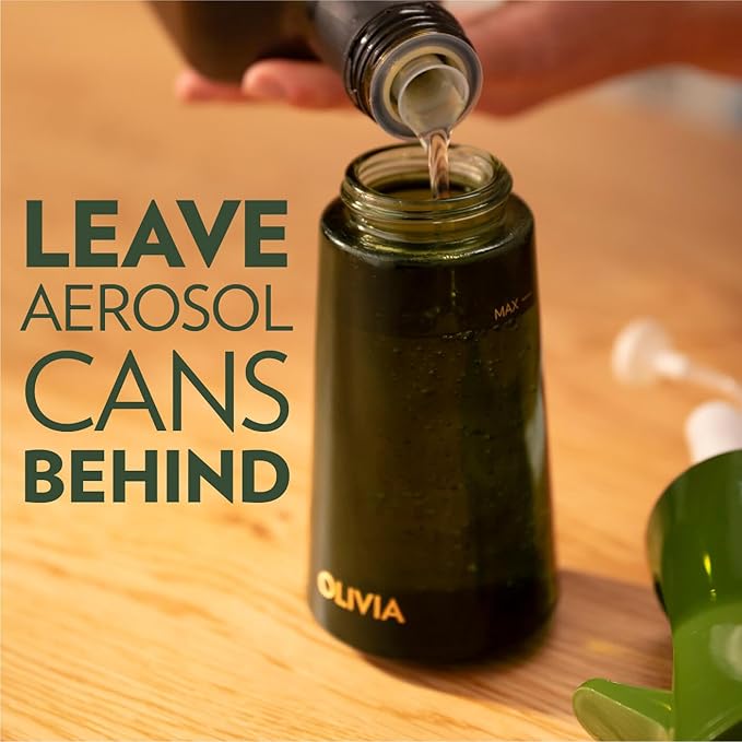 OLIVIA Signature Oil Sprayer for Cooking, 200ml Glass Olive Oil Sprayer, Continuous Cooking Spray with Portion Control, Oil Dispenser for Kitchen, Air Fryer, Salad, BBQ (Green Bottle, Gold Print)