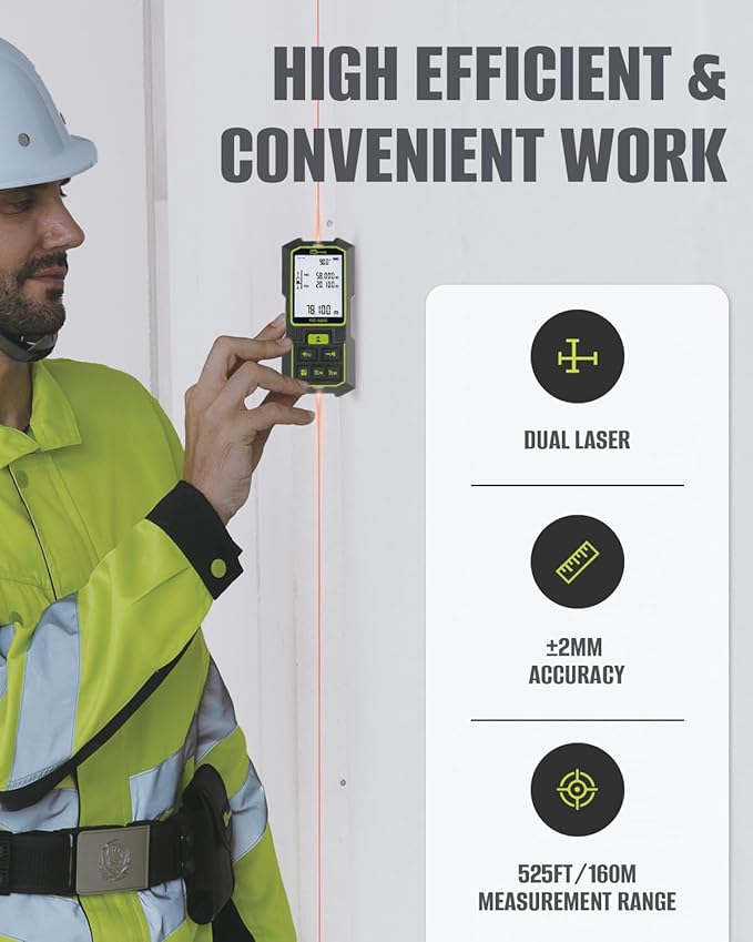 Inkerma Dual Laser Measurement Tool, 525Ft/160M Bilateral Laser Distance Meter, Rechargeable Laser Measure with Ft/in/M Multiple Units, Angle Sensor, Pythagorean Mode, Area and Volume