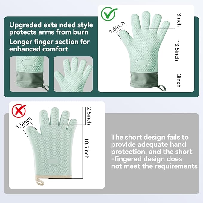 Silicone Oven Mitts Heat Resistant 450°F - Waterproof Non-Slip Kitchen Gloves with Cotton Lining, Flexible Oven Mitts for Cooking, Baking, Grilling & BBQ (Set of 2)
