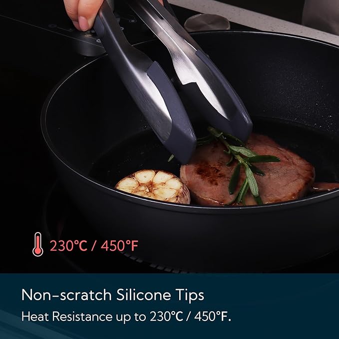 KITCHENDAO Tongs for Cooking with Silicone Tips 9 Inch, One-handed for Convenience, Soft-touch Handle, Silicone Tipped Stainless Steel Kitchen Food Grill BBQ Tongs for Non-stick Cookware Air Fryer