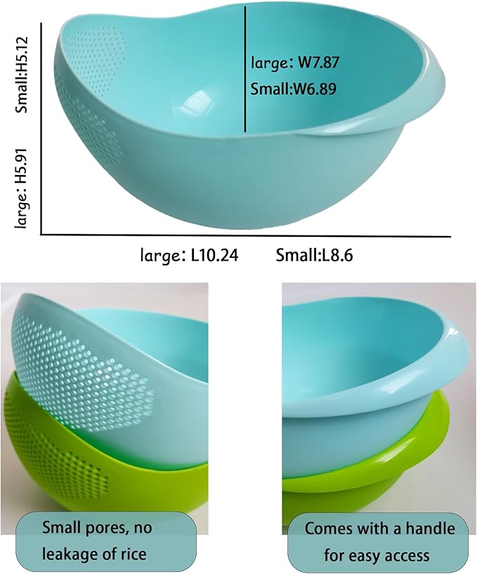 2-in-1 Rice Colander, Vegetable and Fruit Cleaning Filter Basket, 2Piece Sturdy and Easy-To-Use Food Grade Kitchen Tool Accessories (blue+green, Small)