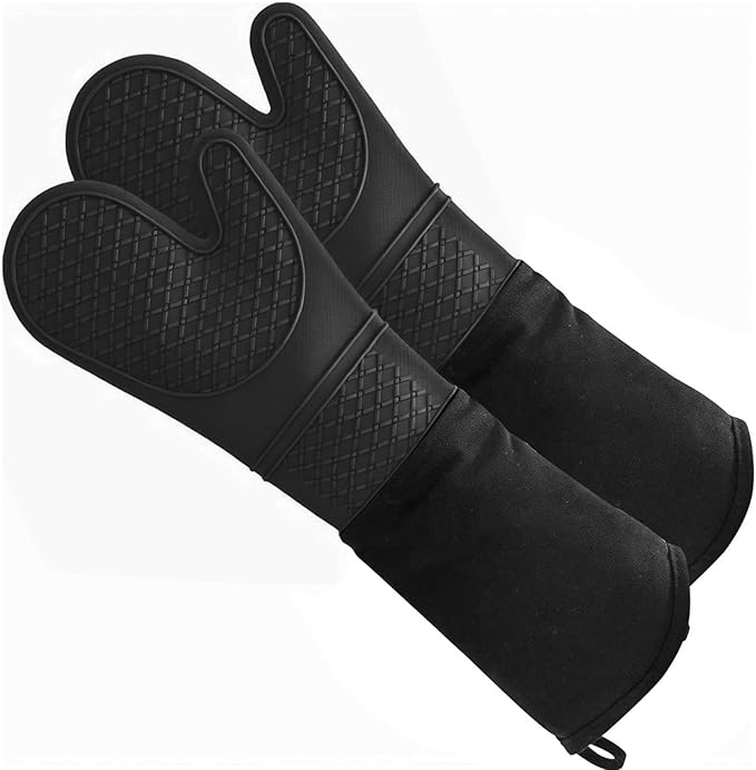 Linwnil Extra Long Silicone Oven Mitts Heavy Duty Commercial Grade Oven Mitts Heat Resistant BBQ Gloves with Quilted Cotton Lining 2 Pack (Black)
