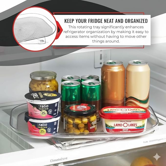 Oizeir Refrigerator Lazy Susan (2PK) - Clear Rectangular Fridge Organizer - Turntable Tray Lazy Susan for Refrigerator - Cabinet & Pantry Organizer - Smooth 360° Rotating Swivel Spinning Fridge Shelf