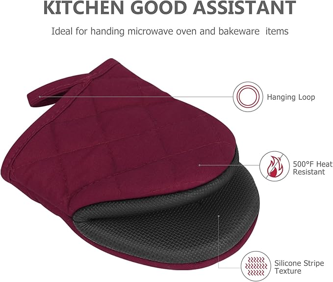 Oven Mitts and Pot Holders Set, Pack of 4, Heat Resistant Silicone Kitchen Mini Oven Mittens for 500 Degrees, Mini Oven Gloves and Hot Pads for Baking Grilling Barbecue Microwave Machine Washable