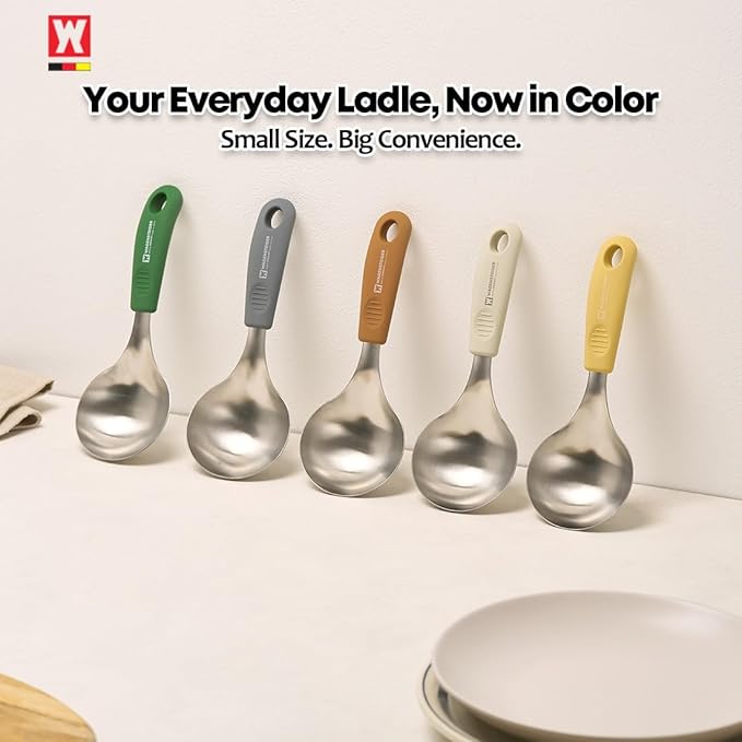 Short Stainless Steel Ladle 220mm (8.6”) – SUS304 Thick Deep Bowl Head with Soft-Grip Silicone Handle – Lightweight Mini Soup & Serving Spoon for Cooking – 5 Color Options (Gray)