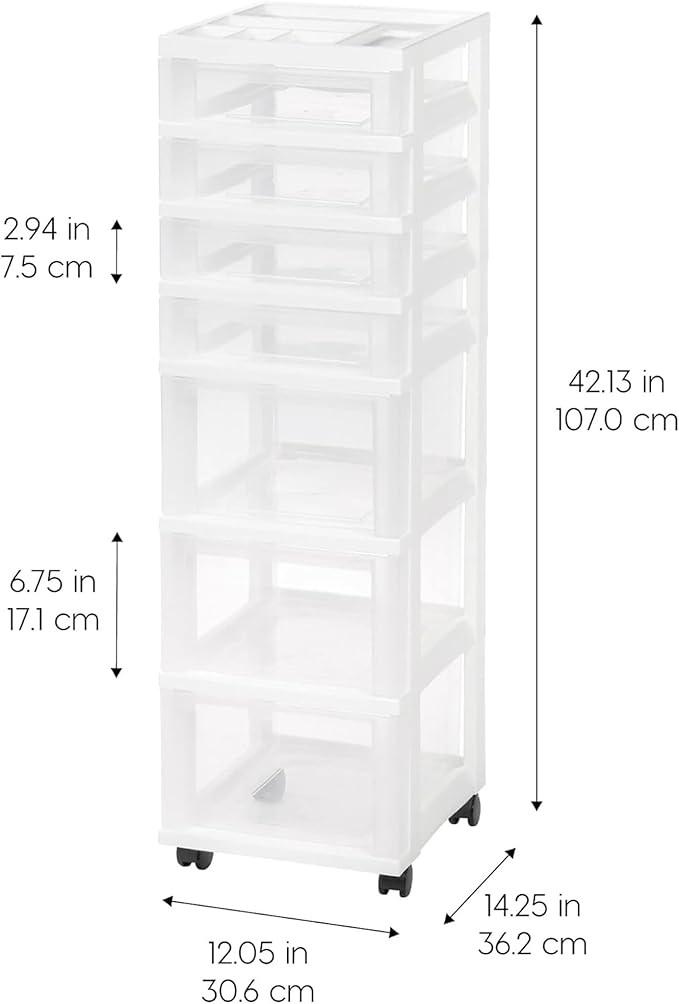 IRIS USA Plastic Drawer Storage Organizer Rolling Cart, 2-Pack, with Wheels Casters, 7-Drawers, for Art Craft Supplies Bathroom Dorm Bedroom Laundry Room, White/Clear