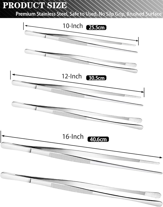 JETKONG 2 Pcs 10-Inch Cooking Tweezers Stainless Steel, Straight Food Tweezers, Professional Kitchen Forceps for Cooking Repairing and BBQ (Silver)