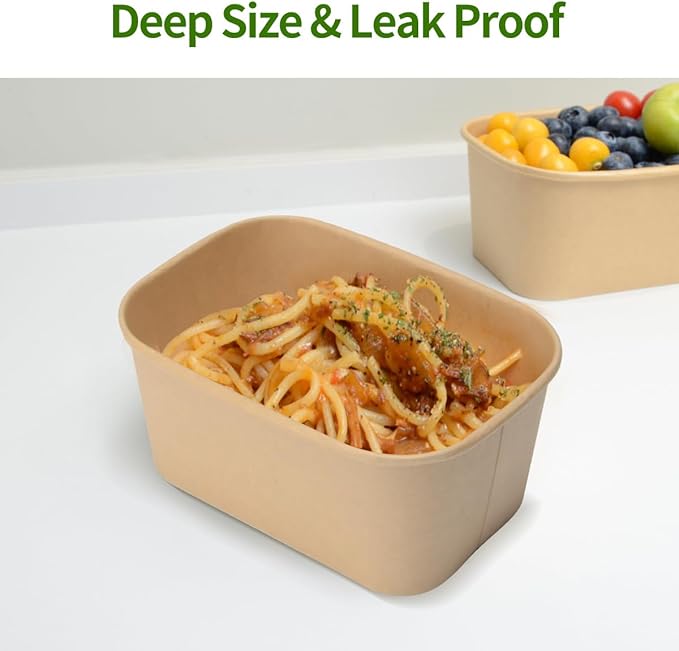 50 Pack 35 oz Paper Food Containers with Lids, Microwavable and Freezer Use Paper Meal Prep Containers Disposable Food Prep and Take Out Food Containers, 50 Bowls 50 Lids