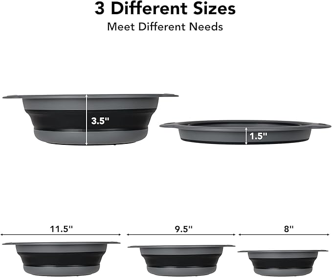 Collapsible Colander Set of 3 with Kitchen Counter Self-draining Base, Round Silicone Food Foldable Strainer for Cooking Pasta, Vegetables and Fruit (3QT, 4QT and 5QT)