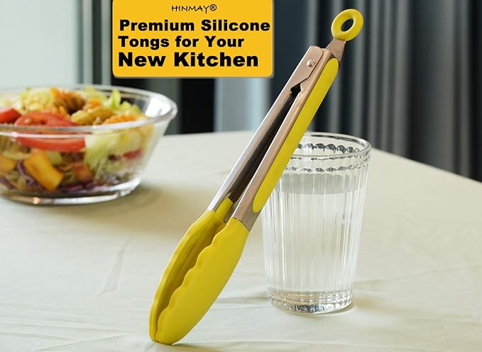 HINMAY Silicone Tipped Tongs 9-Inch Kitchen Cooking Tongs, Set of 3 (Yellow)