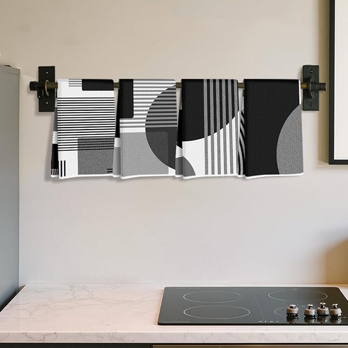 4 Pcs Abstract Black and White Kitchen Towels, Abstract Decor Tea Hand Towel, Microfiber Dish Cloths for Drying Dishes, Waffle Dish Towels for Kitchen Bathroom, Housewarming Gifts for Women