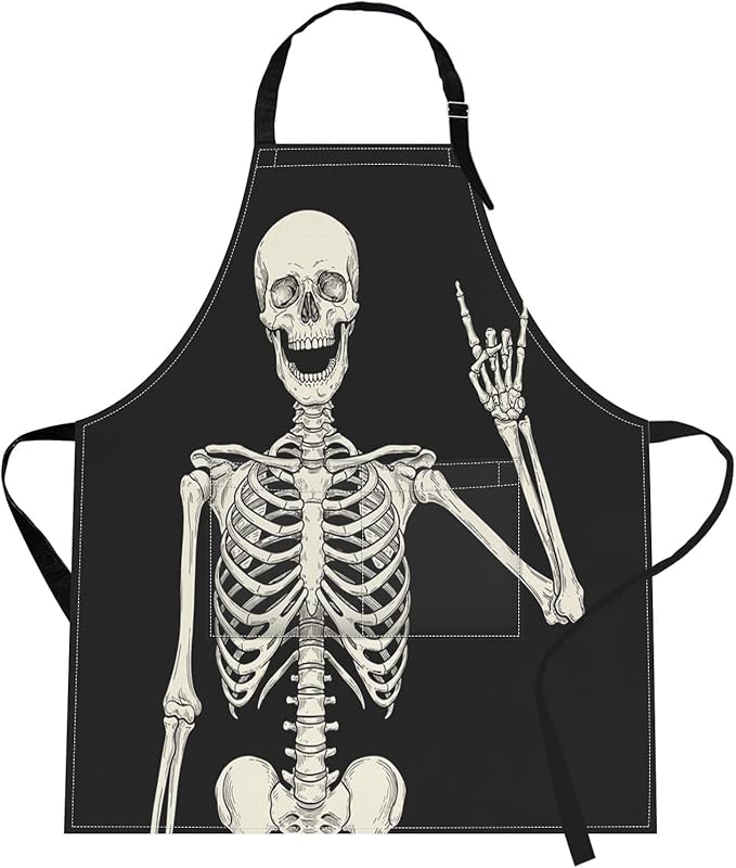 Britimes Skeleton Rock Skull Halloween Apron Home Kitchen Cooking Baking Gardening for Women Men with Pockets 32x28 inch