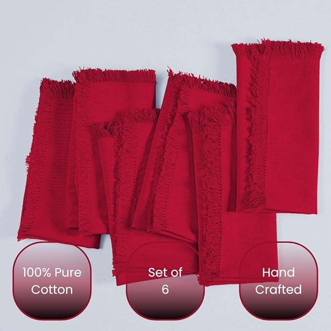 Set of 6 Dinner Napkins Fringes 100% Cotton - Soft Durable Reusable - Perfect for Dining Weddings Parties Holidays Easter Christmas and Everyday Use Table Napkins - 20x20 Inch Napkins Red