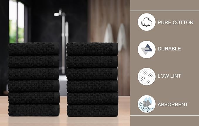 COTTON CRAFT Euro Spa Waffle Wash Cloth - Set of 12 Luxury Pure Ringspun Cotton Waffle Weave Bathroom Face Towel - Everyday Absorbent Hotel Gym Shower Beach Kitchen Travel Dorm - 12x12 inches - Black