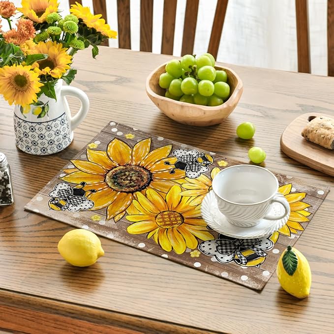 Artoid Mode Wood Sunflower Bee Flower Polka Dot Summer Placemats Set of 4, 12x18 Inch Table Mats for Table Runner Party Kitchen Dining Decoration
