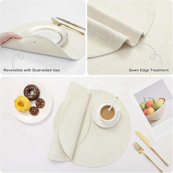 homing 15 Inch Round Cloth Placemats Set of 4, Cotton Linen Blend Washable Table Mats, Farmhouse Dining Place Mats for Indoors & Outdoors, Easy to Clean, Cream
