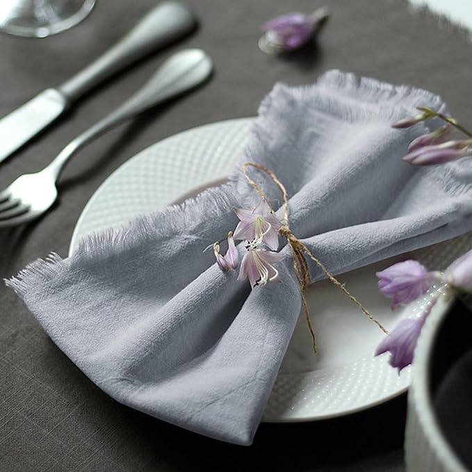 Handmade Cloth Napkins 100% Cotton Napkins with Fringe，Delicate Handmade Cloth Napkins for Dinners, Parties, Weddings and More，18 x 18 Inch Set of 6 - Light Grey