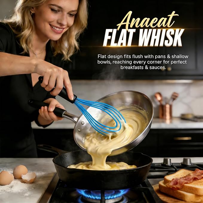 Anaeat Silicone Kitchen Whisk Set of 4, Perfect for Non-Stick Cookware, Milk and Egg Beater Blender for Whisking, Cooking, Baking, Beating - 11'' Flat Whisk and 9''+11''+12'' Balloon Whisks (Blue)