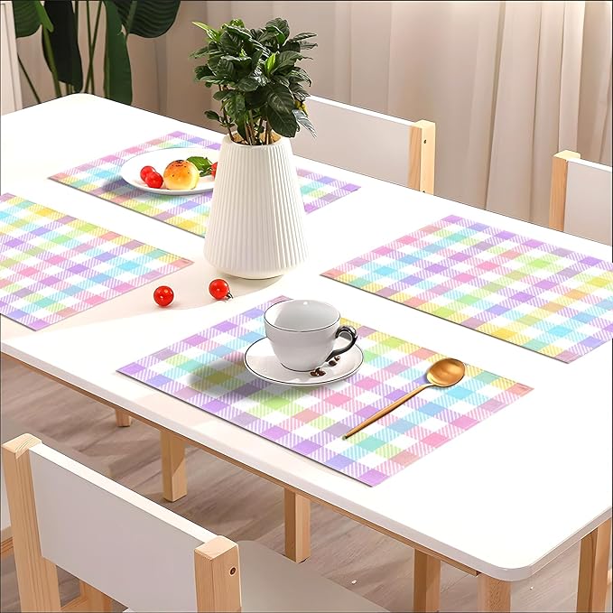 Nepnuser Linen Easter Buffalo Check Plaid Placemats Set of 4 Rustic Spring Place Mats for Home Kitchen Dining Table Decoration (12" x 18")