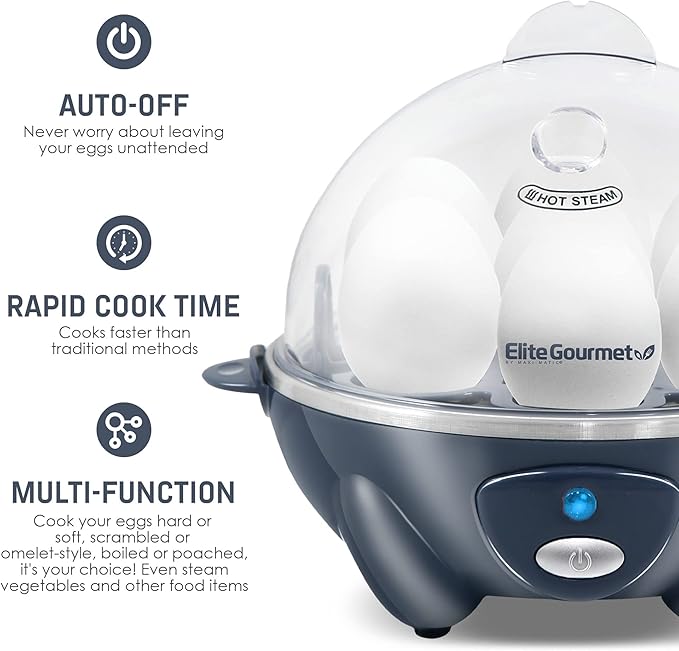 Elite Gourmet Easy Electric 7 Egg Capacity Soft, Medium, Hard-Boiled Cooker Poacher, Scrambled, Omelet Maker with Auto Shut-Off and Buzzer, BPA Free