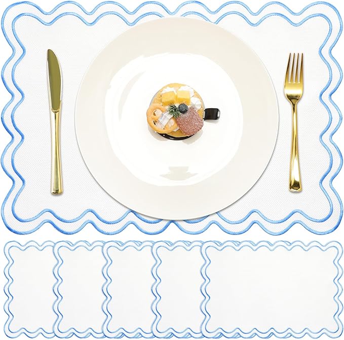 HunnmingRe Set of 6 Cotton Linen Placemats, 13x19 Inch Scalloped Wavy Embroidery Placemat Double Layered Washable Rustic Rectangle Dinner Table Mats for Wedding Home Decor(White with Blue)
