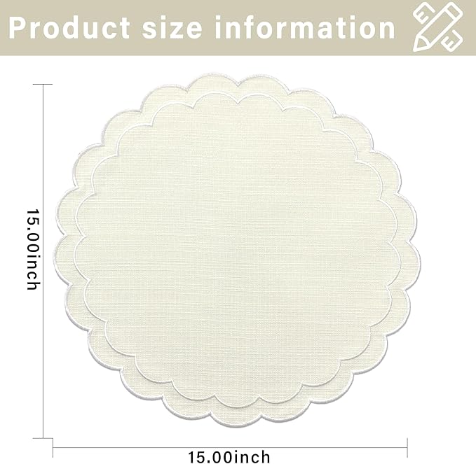 Linen Cotton Placemats Set of 4 Scalloped Flower Embroidery Place Mats 15'' Natural Linen Texture Fabric Machine Washable Table Mats for Restaurant Kitchen,Table Decor(Butter Yellow)