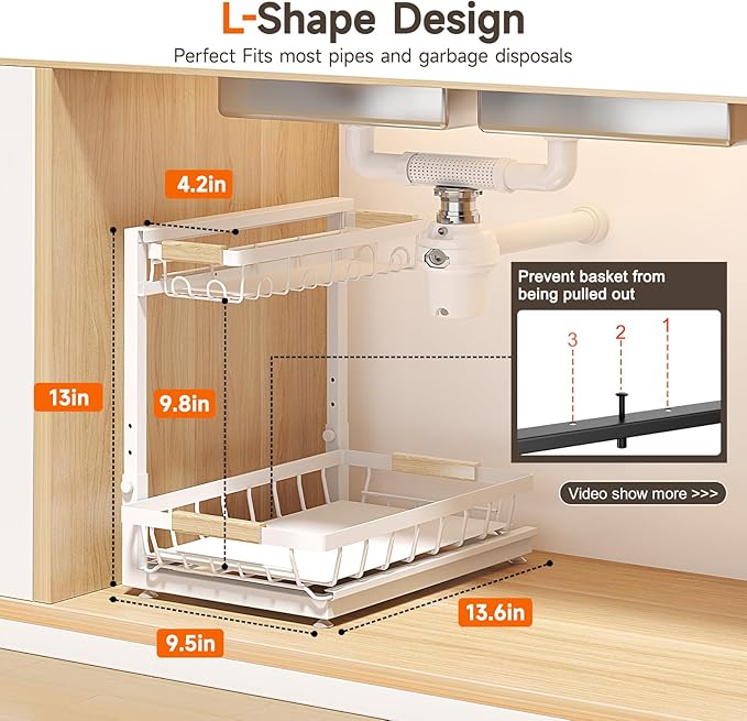 Sevenblue 2 Packs Under Sink Organizer, Height Adjustable 3 Tier Under Kitchen Sink Organizer, Multi-Purpose Storage Shelf for Kitchen Bathroom Cabinet (White, Large)