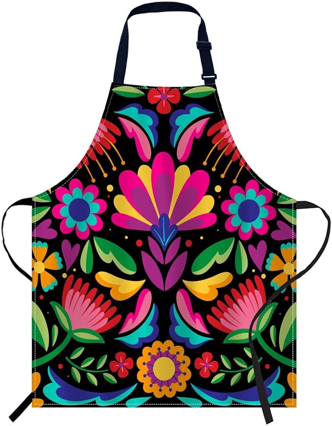 oFloral Colorful Mexican Floral Apron Adjustable Bib Chef Aprons Cooking Apron Unisex Women Men Aprons Perfect for Home Kitchen, Baking, Gardening, Restaurant, Coffee house BBQ
