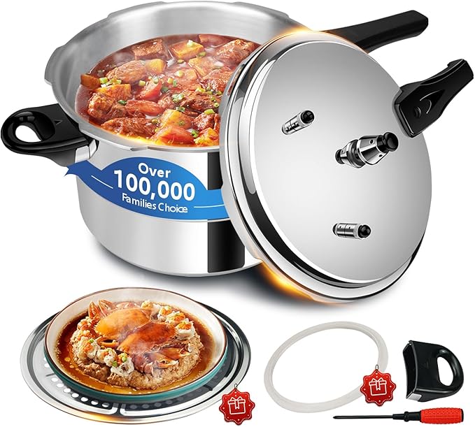 4 Quart Aluminum Pressure Cooker, Heavy Duty Commercial Grade, Fast Cooking, Energy Saving, Safe Locking Lid, Ideal for Canning, Soups, Meats, Beans, Large Family & Restaurant Use