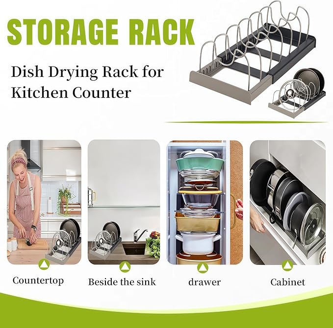 Lid organizers inside cabinet adjustable, Kitchen Pot lid organizer for Bowls, Lids, Cutting boards, Tableware, Dish storage rack for cabinets, drawers, countertops & sinks