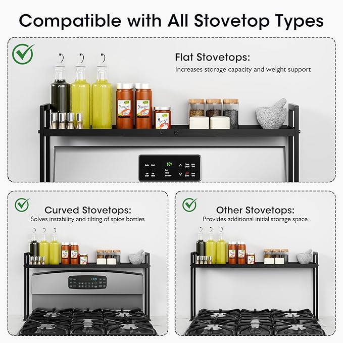 Bumusty Adjustable Stove Top Shelf,Over Shelf for Stove – Expandable 4-Level Spice Rack & Kitchen Organizer, Anti-Slip Metal Construction, 27"–33" Length, 11"–14" Height, Black