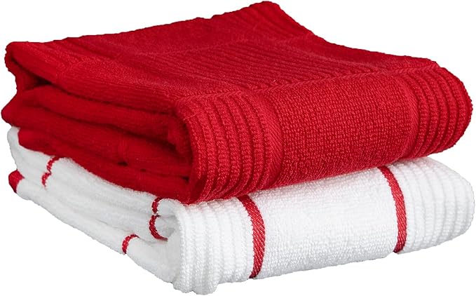 T-Fal Solid & Checked Parquet Kitchen Towels: Highly Absorbent, Super Soft Long Lasting - 100% Cotton, 16"x26" Dish Towels for Cleaning & Drying Dishes, Pans, Glassware, or Countertops, (2-Pack), Red