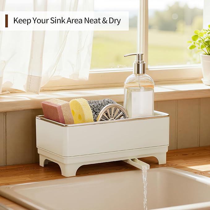 Sponge Holder for Kitchen Sink – Rustproof Stainless Steel, 360° Rotating Drain Pipe, Large Counter Organizer with Drip Tray for Sponges, Brushes & Dish Cloths Off-white