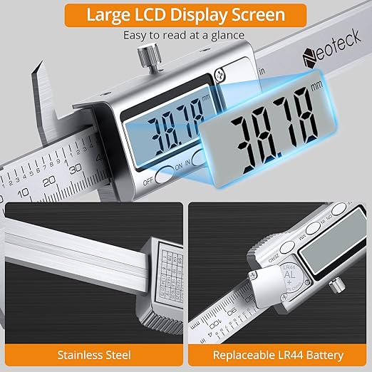 Neoteck 4 inch/100mm Digital Caliper, Stainless Steel Electronic Calipers Measuring Tool inch/mm Conversion, Large LCD Screen