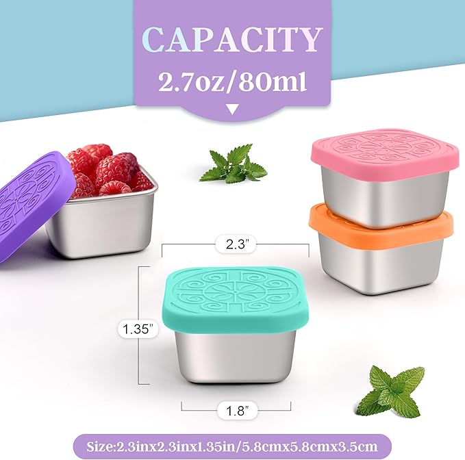 Qukaka 6x2.7 Oz Salad Dressing Container to Go,Handy Leakproof Stainless Steel Meal Prep Containers Reusable,Sauce Containers for Lunch Box, Picnics, Travel, Office and Kitchen Storage-Square