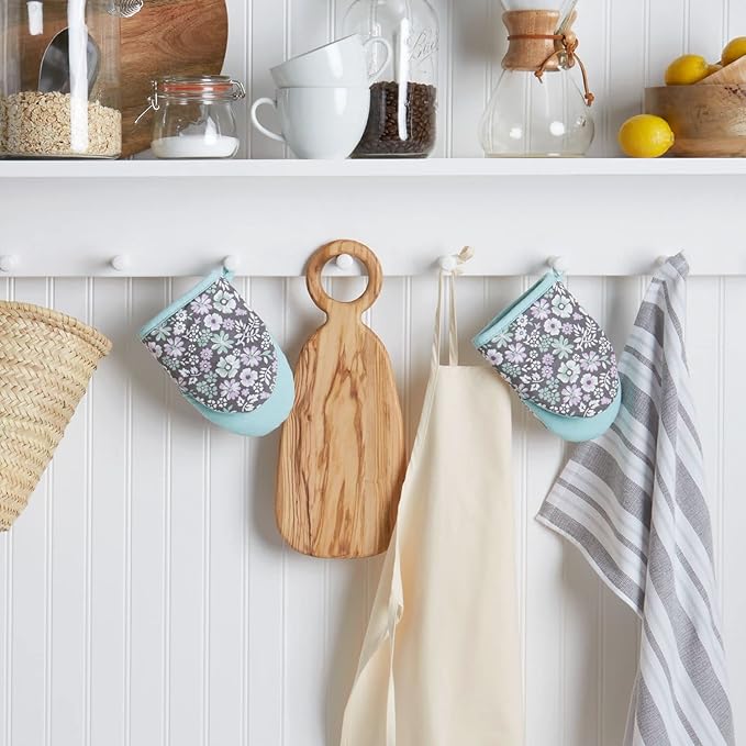 Martha Stewart Ditsy Floral Mini Oven Mitt 2-Pack Set, Grey, 5.5"X8"