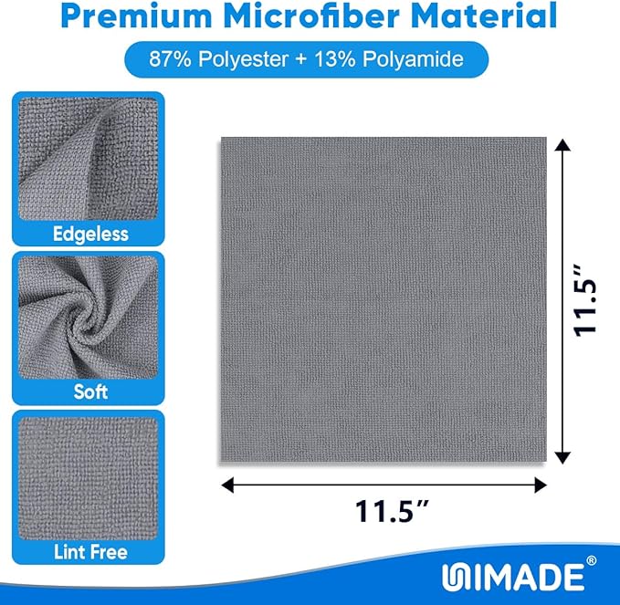 UNIMADE Microfiber Cleaning Cloth, 10 Pack Reusable Microfiber Towels for Cars Lint Free Cleaning Shop Towel Rags for Home Kitchen Automotive Bar Mechanic Restaurant Garage, 11.5"x 11.5", Grey