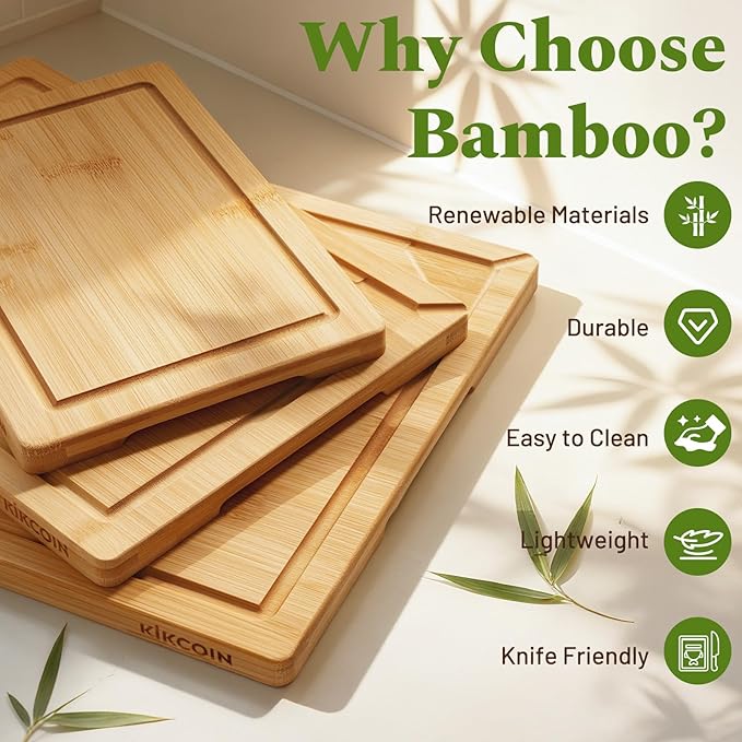 Kikcoin Over Sink Bamboo Cutting Boards for Kitchen - 3+1 Piece Self-Draining Healthy Wood Cutting Board Set with Built in Handle& Spout, Charcuterie& Meat Extra Large Butcher Chopping Boards, Natural