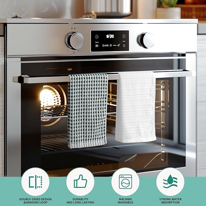 SALAS Cotton Dish Towels Cloths for Kitchen Drying Dishes, Lattice Terry Kitchen Towels, Highly Absorbent Cloths with Hanging Loop, 16‘’ x 26‘’, 4 Packs, Green and White