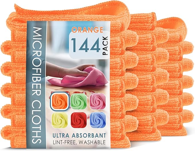 Hearth & Harbor Microfiber Cleaning Cloths - 144 Pack Washcloths, Orange Cleaning Rags, Reusable Towels, Lint Free