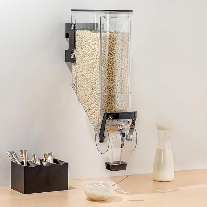 Restaurantware Cereal Dispenser 5 gal Plastic Wall-Mounted Gravity Bin Candy Dispenser Self-Serve Black Dry Food with Wall Mount Brackets for Breakfast Buffet or Hotel Use