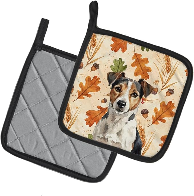 Caroline's Treasures Tricolor Russell Terrier Heirloom Fall Pair of Pot Holders Pair 7.5x7.5 Quilted Insulated Hot Pads Decorative Kitchen Gift Made in USA
