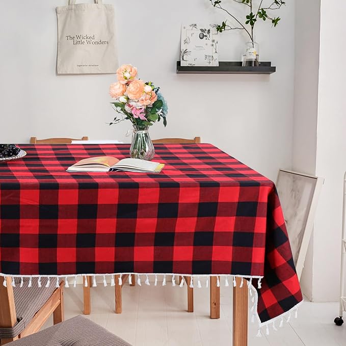 DUOBAO 54x54 Inch Red and Black Buffalo Plaid Tassel Tablecloth:Perfect for Dining Room, Kitchen, and Holiday Gatherings
