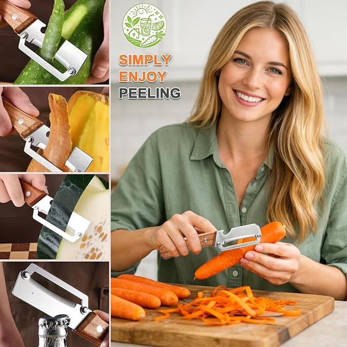 Multi Functional Vegetable Peeler with Wooden Handle and Bottle Opener, Stainless Steel Kitchen Peeler Tool for Potato Carrot Pumpkin Papaya, Premium Single Blade Food Peelers (1pcs)