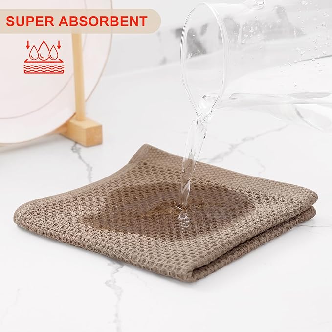 Kitinjoy 100% Cotton Kitchen Dish Cloths (12 X 12 Inches, Tan), 6 Pack Waffle Weave Ultra Soft Absorbent Dish Towels for Drying Dishes Quick Drying Kitchen Towels Dish Rags